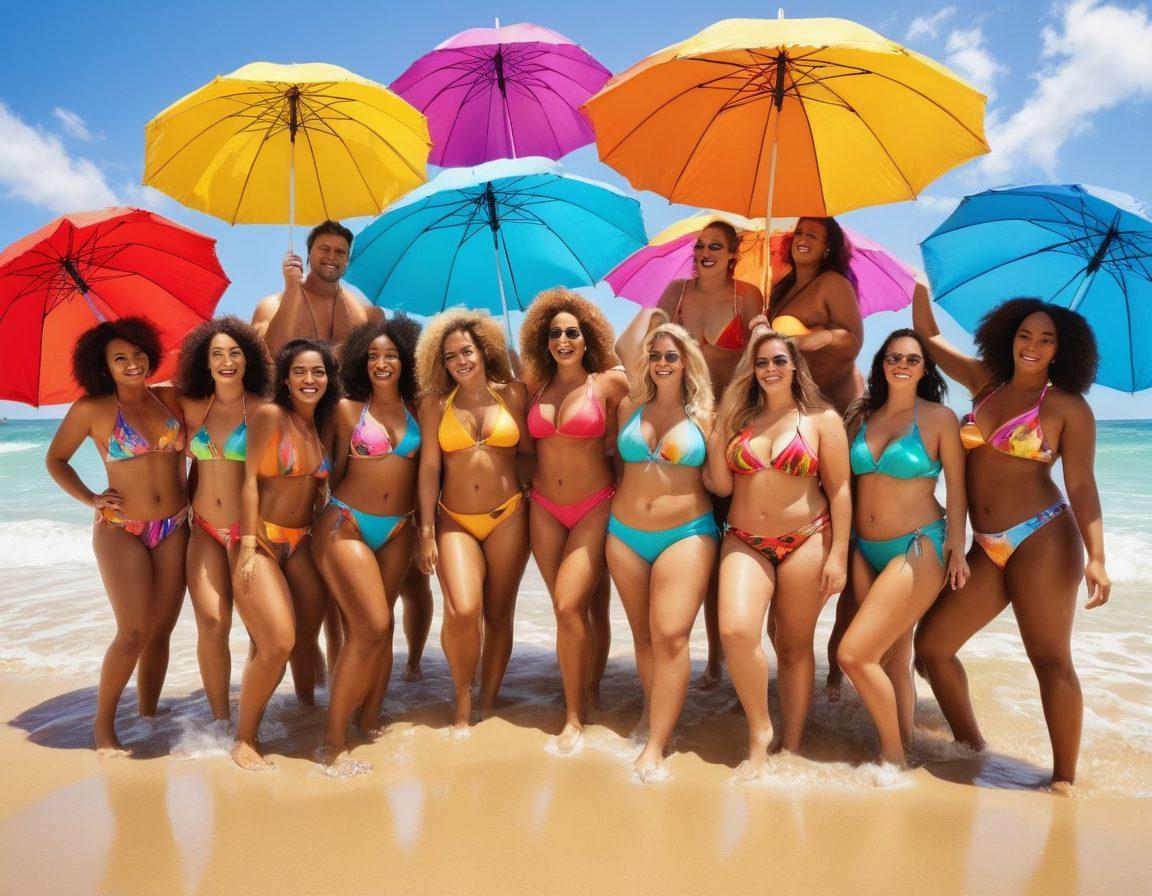 A vibrant beach scene featuring diverse individuals of all body types joyfully wearing colorful swimwear, splashing in the waves and lounging on the sand. Include bright umbrellas, a clear blue sky, and a sense of camaraderie and confidence among the group. The atmosphere should convey a transformation from sadness to joy, capturing the essence of body positivity. super-realistic. vibrant colors. sunny background.